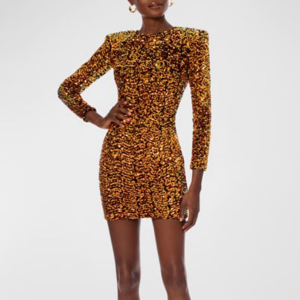 HELSI Milena Padded Shoulder Sequin Mini Dress in Amber